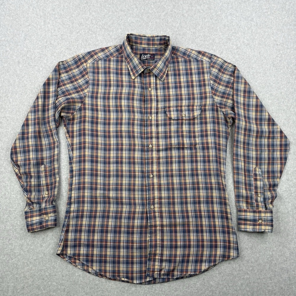 Vintage Levis Shirt Mens Large Blue Plaid 70s Tapered Fit‎ Long Sleeve Western